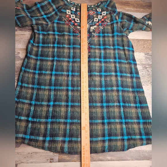 Johnny Was Workshop XL Blue Green Plaid Heavy Embroidery Aztec Western - Picture 10 of 16